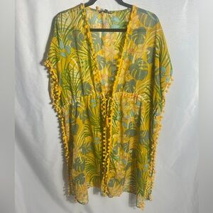 Club Z Collection Tropical Kimono Cover Up Yellow Green Pom Pom XL